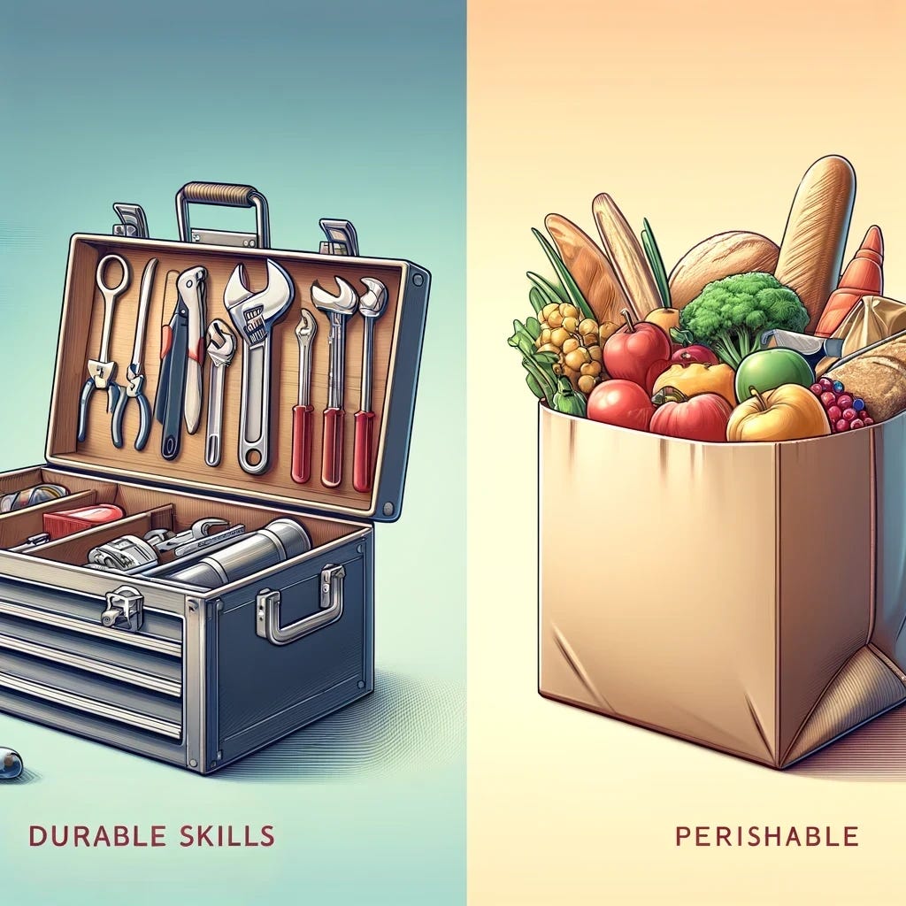 An artistic illustration comparing a toolbox and groceries to symbolize durable and perishable skills. On the left, a sturdy, open toolbox filled with versatile tools like a wrench, hammer, and pliers, symbolizing long-lasting, adaptable skills. On the right, a colorful grocery bag with fresh fruits, vegetables, and bread, representing perishable, short-term resources. The background is clean and minimal, with subtle gradient tones, emphasizing the contrast between the two concepts. The spelling is corrected to 'Durable Skills' and 'Perishable Skills' in bold text above the respective visuals.