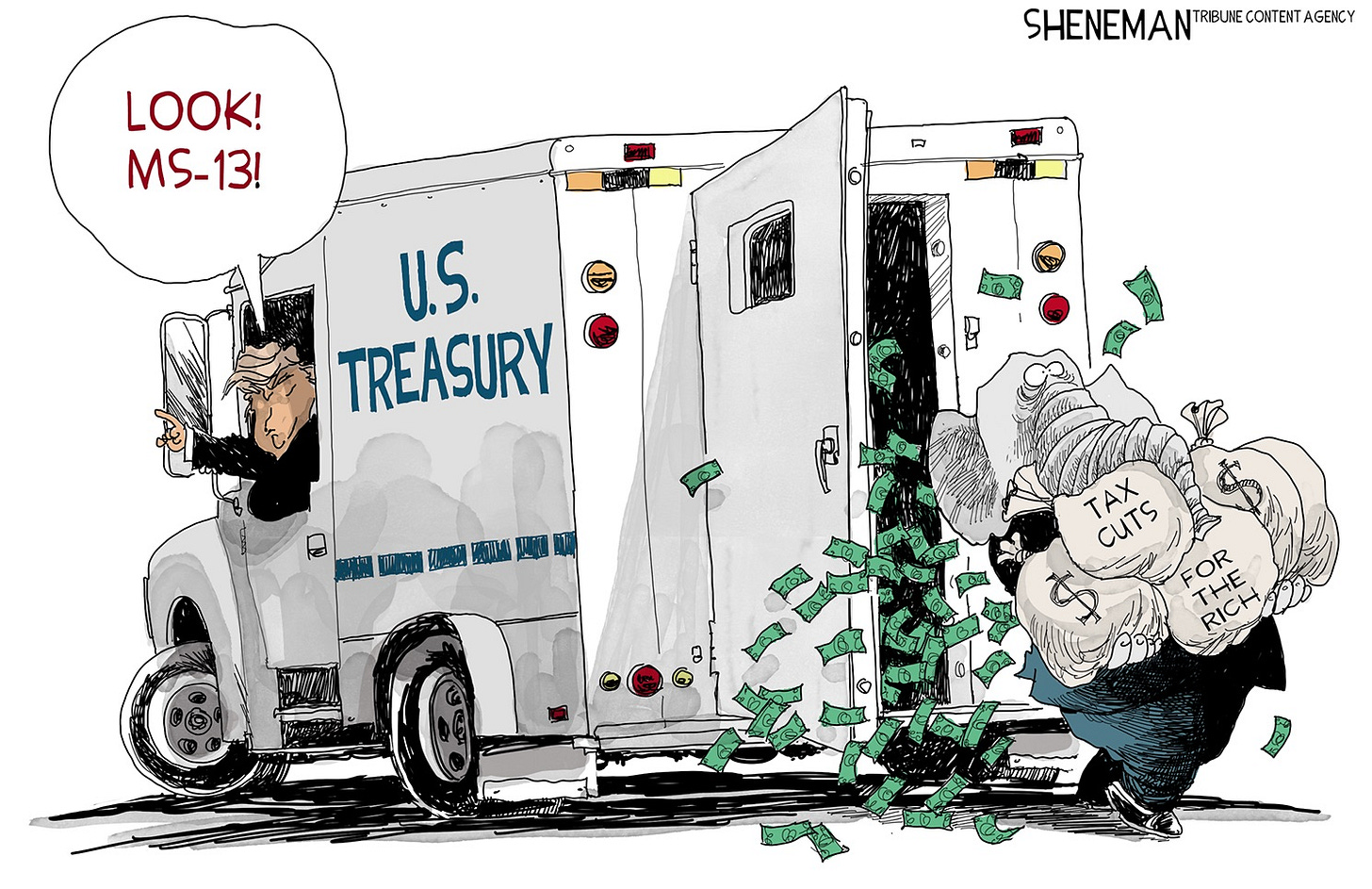 Political cartoon U.S. MS-13 Trump treasury tax cuts diversion GOP money grab | The Week Political cartoon U.S. MS-13 Trump treasury tax cuts diversion GOP money grab | The Week