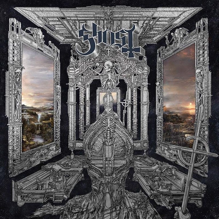 Intricate metallic skeletons, gothic architecture, and landscapes with a sunset create a dark, mystical scene. “Ghost” text at the top. Intricate metallic skeletons, gothic architecture, and landscapes with a sunset create a dark, mystical scene. “Ghost” text at the top.