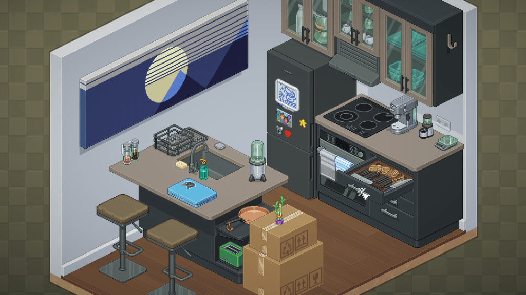 Unpacking gameplay showing boxes being organised in a bedroom.