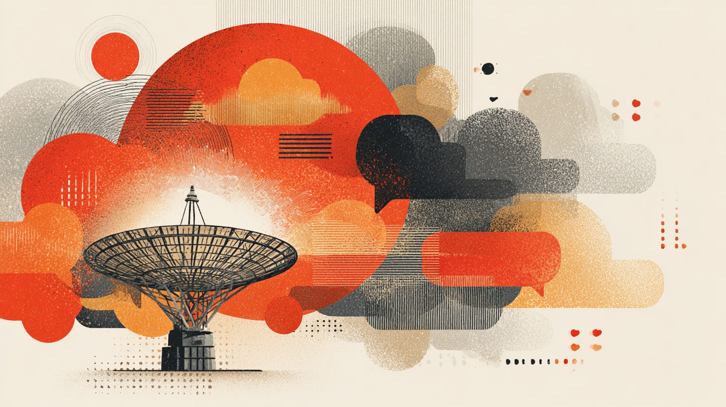 Abstract image of a radar in front of multiple speech bubbles.