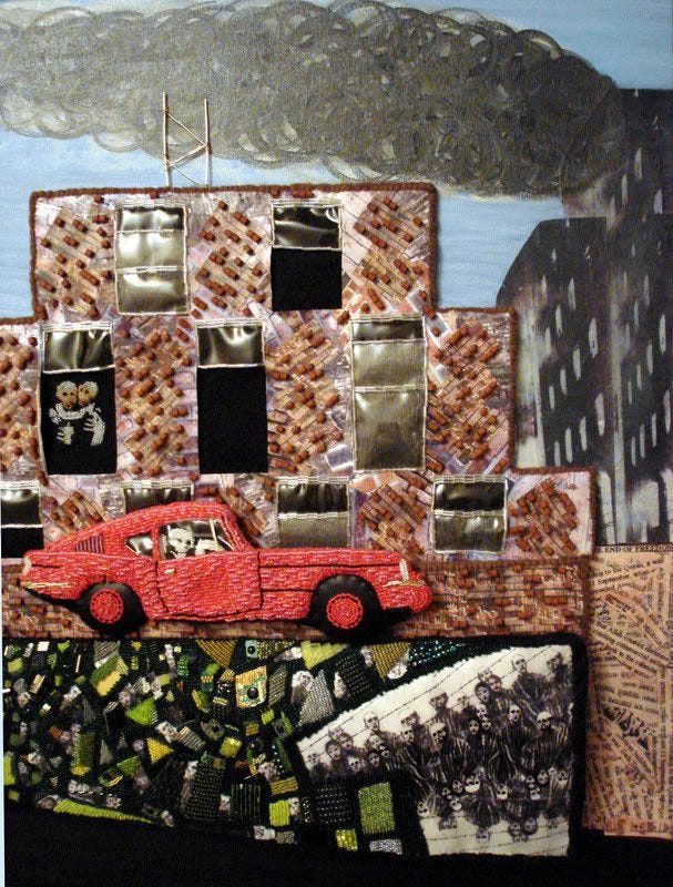 History Repeated. WWIII. 9/11 terrorist attacks. Banksy. Brick Lane, London. mixed media bead embroidery History Repeated. WWIII. 9/11 terrorist attacks. Banksy. Brick Lane, London. mixed media bead embroidery