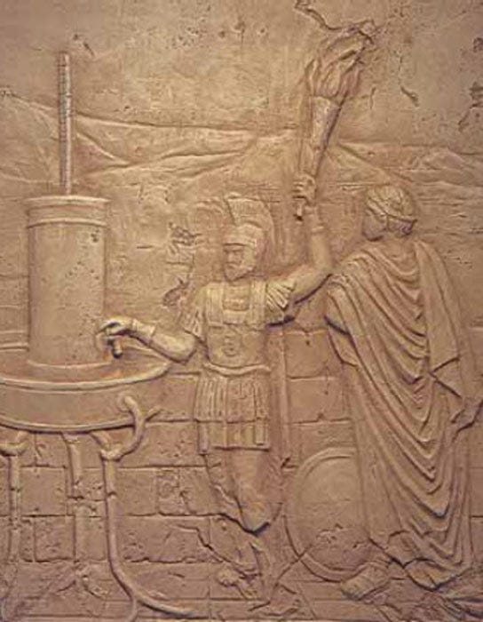 A relief of the Greek hydraulic telegraph of Aeneas, depicting one half of a telegraph system. (Public domain) A relief of the Greek hydraulic telegraph of Aeneas, depicting one half of a telegraph system. (Public domain)