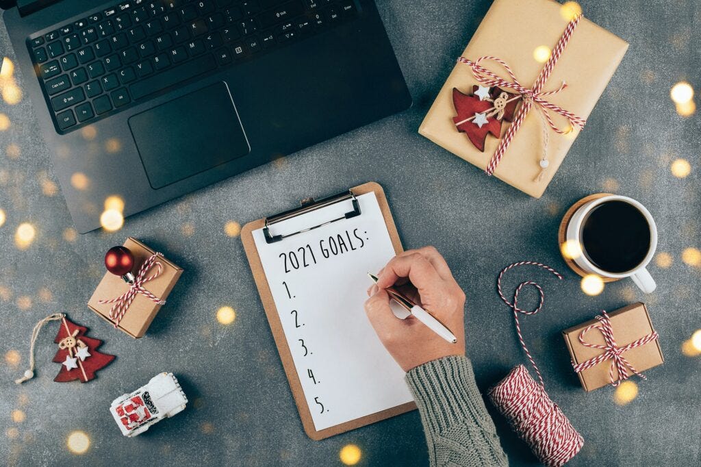 Happy New Year 2021. Woman's hand writing 2021 Goals in notebook. Top view, flat lay Happy New Year 2021. Woman's hand writing 2021 Goals in notebook. Top view, flat lay
