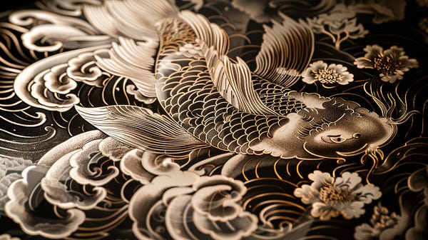 A tattoo stencil featuring a beautiful koi fish design, resembling a lace tattoo pattern with intricate and delicate details. A tattoo stencil featuring a beautiful koi fish design, resembling a lace tattoo pattern with intricate and delicate details.