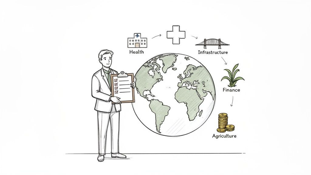 Man with a checklist and globe, illustrating global development areas: health, infrastructure, finance, agriculture. Man with a checklist and globe, illustrating global development areas: health, infrastructure, finance, agriculture.