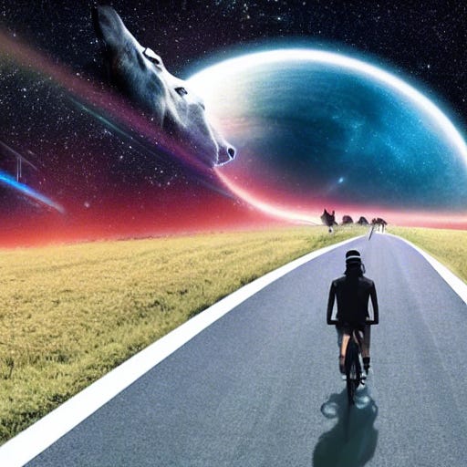 a human with a horse face riding a bicycle on a road through interstellar space