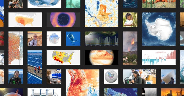 mosaic of small thumbnails of photos, illustrations, maps, and graphs typical of the content found on Climate.us