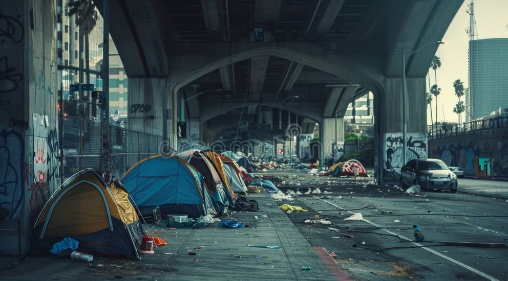 Homeless Encampment Under City Bridge with Scattered Tents, Trash, and ...