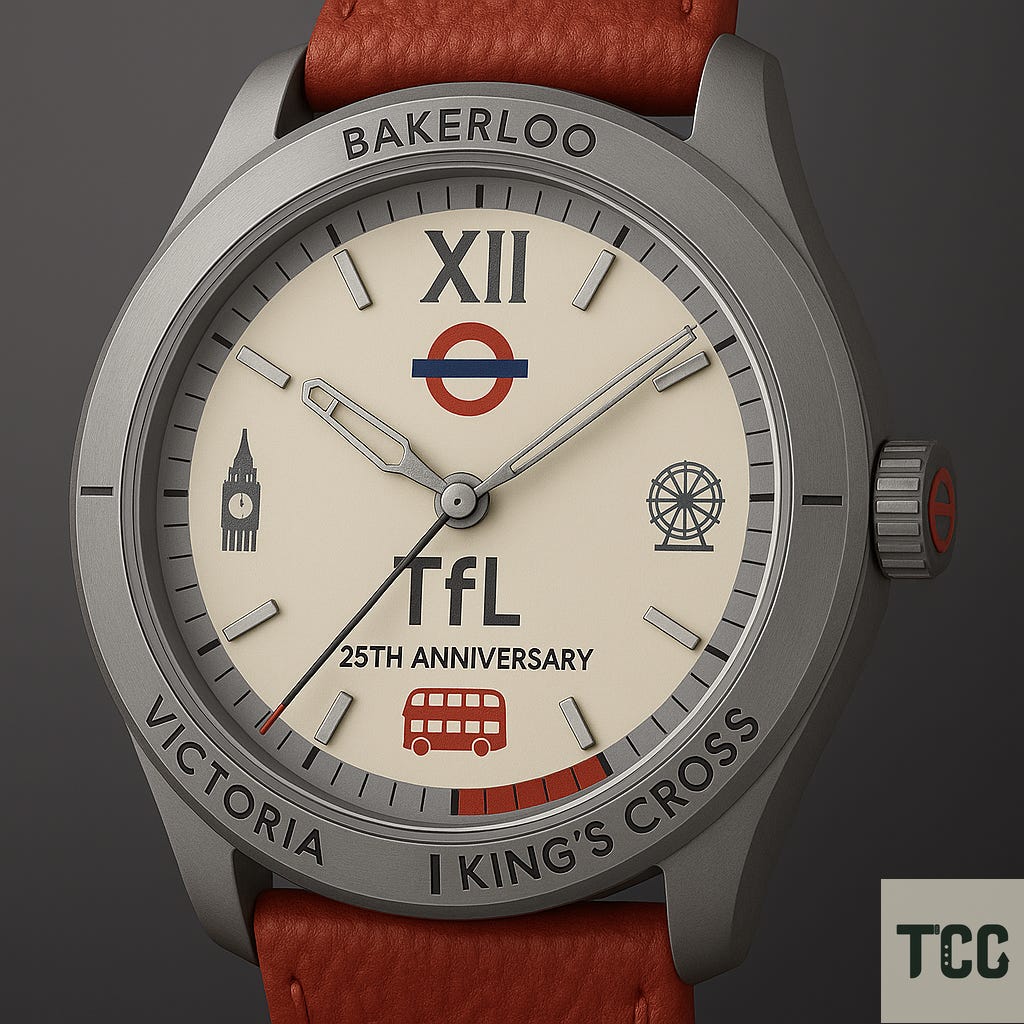 A Transport for London-themed wristwatch with a beige dial, grey case, and red leather strap. Icons of Big Ben, the London Eye, and a red double-decker bus are featured. The numeral 12 is replaced with “XII” above the TfL roundel. Text reads “TfL 25th Anniversary.” The outer bezel lists Bakerloo, Victoria, and King's Cross.