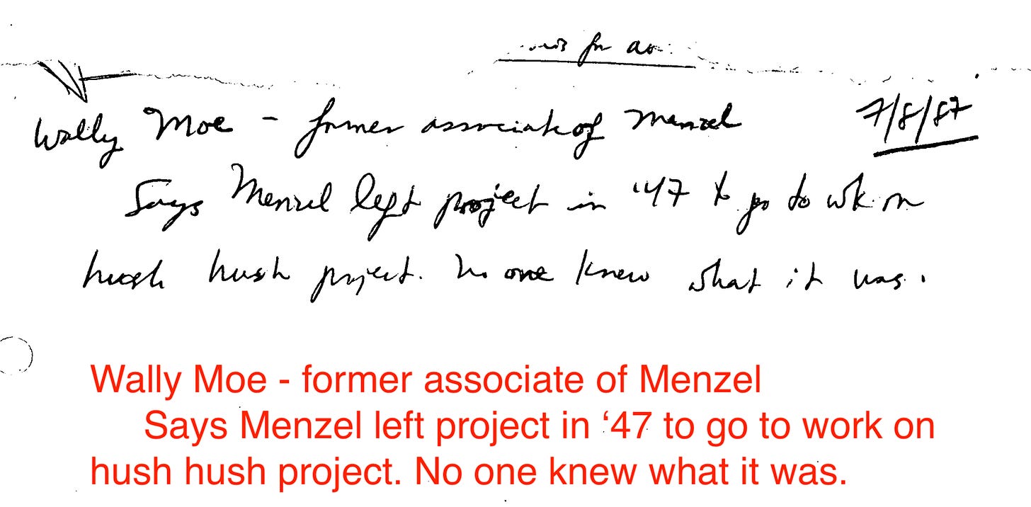 From notes collected by Stanton T. Friedman. Transcription of cursive by the author. From notes collected by Stanton T. Friedman. Transcription of cursive by the author.