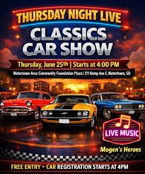 🚗 Thursday Night Live: Classics Car Show! 🎶 Join the fun on Thursday, June 25th, starting at 4 PM at the Watertown Area Community Foundation Plaza — it's free, it's lively, and 🚗 Thursday Night Live: Classics Car Show! 🎶 Join the fun on Thursday, June 25th, starting at 4 PM at the Watertown Area Community Foundation Plaza — it's free, it's lively, and