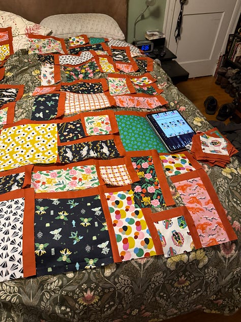 quilt blocks arranged before sewing