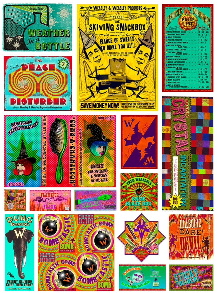 Weasleys' Wizard Wheezes posters and packaging