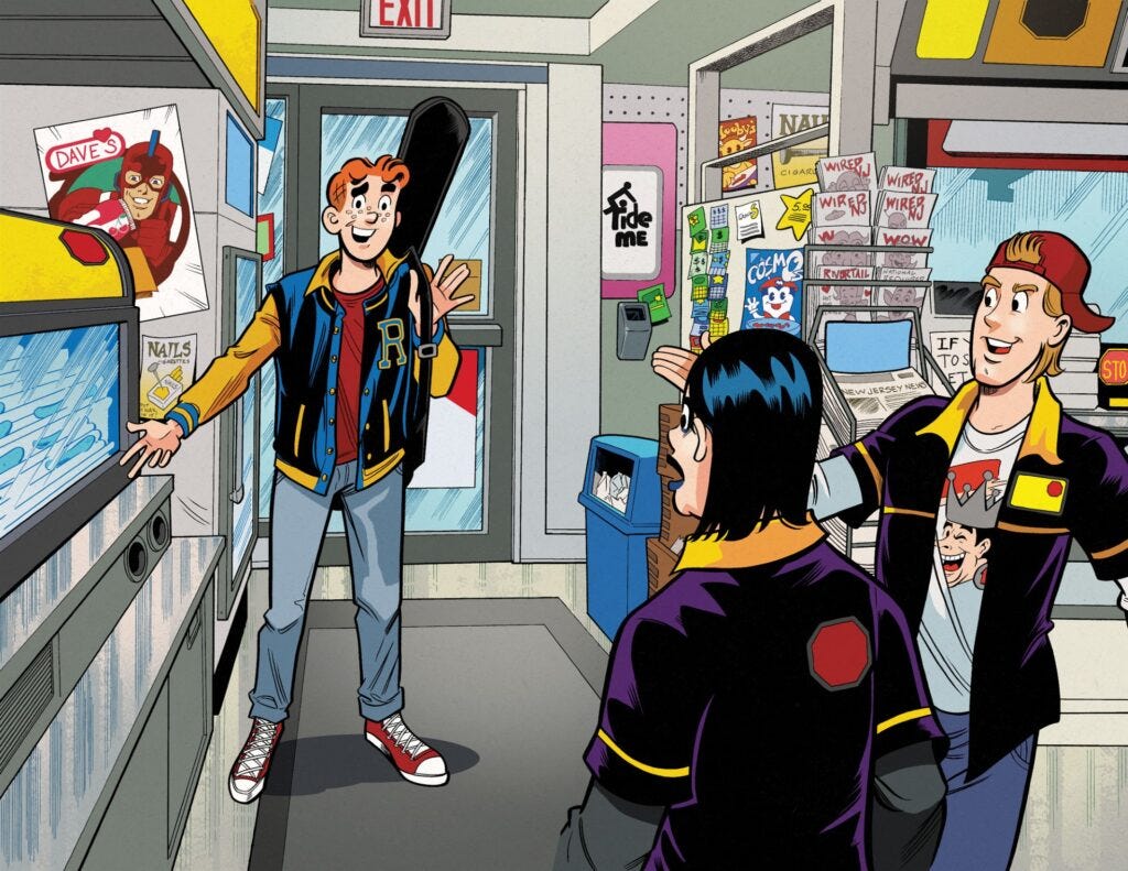 An illustration featuring Archie Andrews standing in the doorway of the Quick Stop from the Clerks movies. He has a guitar slung over his shoulder and is smiling. Randal Graves and Elias from Clerks look at him, surprised.