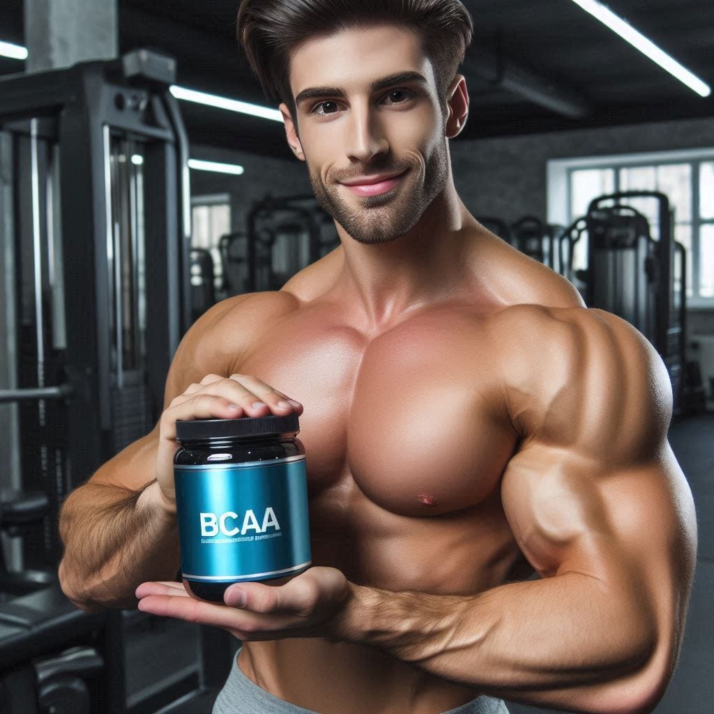 Male bodybuilder selling a jar of BCAA powder to the viewer