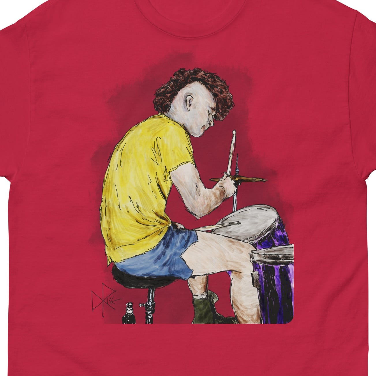 A drummer beats out the rhythm, mohawk bouncing with the bobbing of his head. A beer bottle rests near his feet. Sketch art by Don Rice.