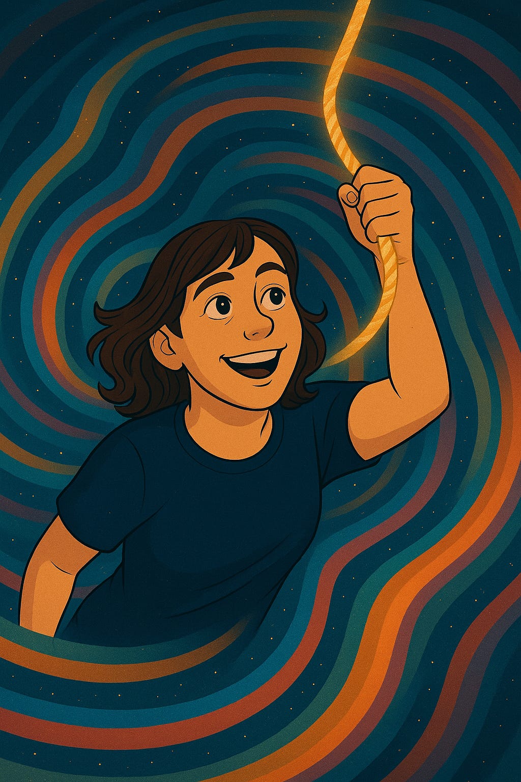 A stylized digital illustration of a smiling woman with short brown hair, wearing a dark t-shirt, reaching upward to grab a glowing golden rope. She is surrounded by swirling, colorful vortex rings against a starry background.