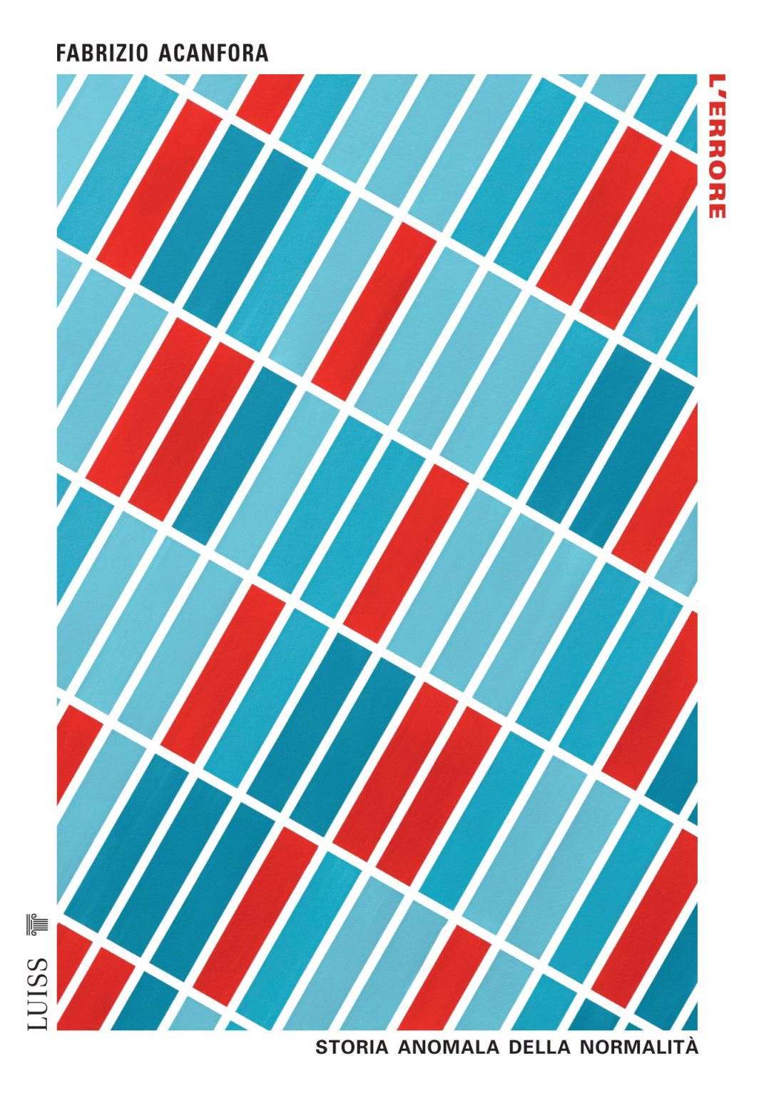 Copertina di “L’errore” di Fabrizio Acanfora. L'illustrazione di copertina è composta da file, disposte obliquamente rispetto alla pagina, di rettangoli rossi e di diverse gradazioni di blu.