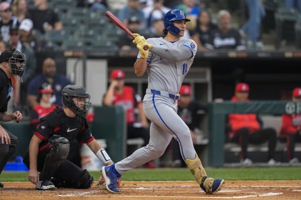 Kansas City Royals designated hitter Jac Caglianone (14) fouls the ball during the first inning of a baseball game against the Chicago White Sox, Friday, June 6, 2025, in Chicago. (AP Photo/Erin Hooley)