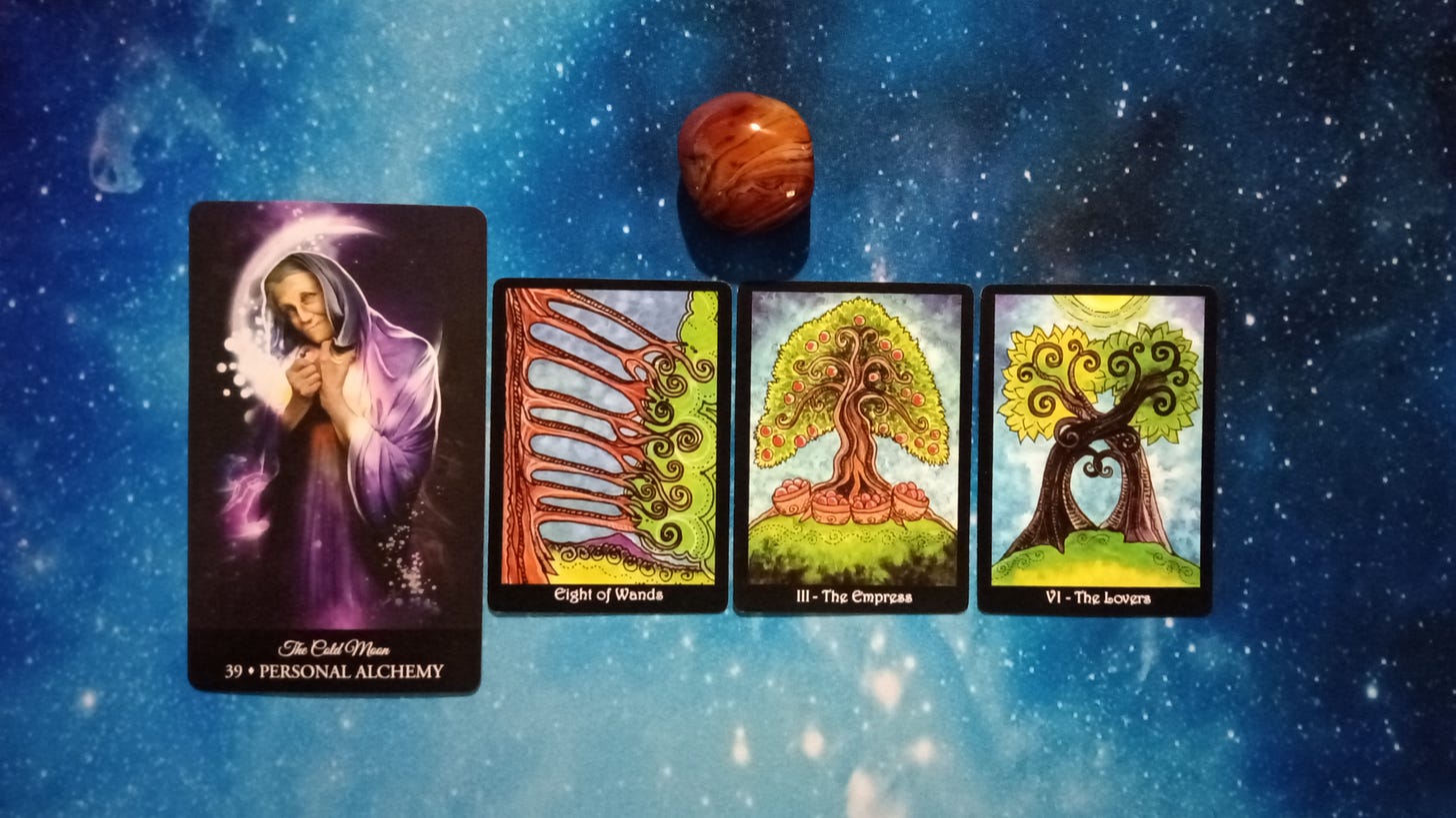 Full Moon Pick-a-Card Tarot Reading for May 2025! Witching Hour Oracle card, 3 Tarot of Trees cards, and crystal. Pile 1, Silk Agate (orange/brown)