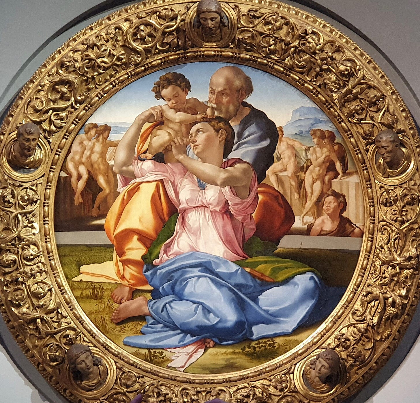 Michelangelo, Holy Family (the Doni Tondo), 1505 to 1506, tempera grassa on wood. Uffizi Gallery, Florence. Photo: Yair Haklai, CC BY-SA 4.0.