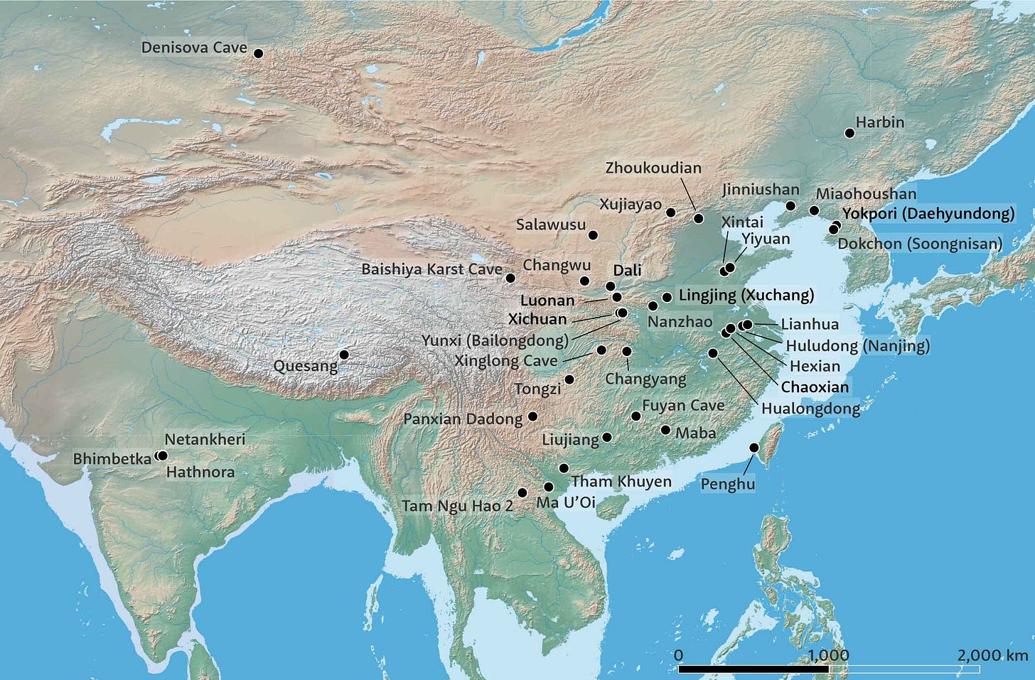 Map showing eastern Eurasia with archaeological and fossil sites noted Map showing eastern Eurasia with archaeological and fossil sites noted