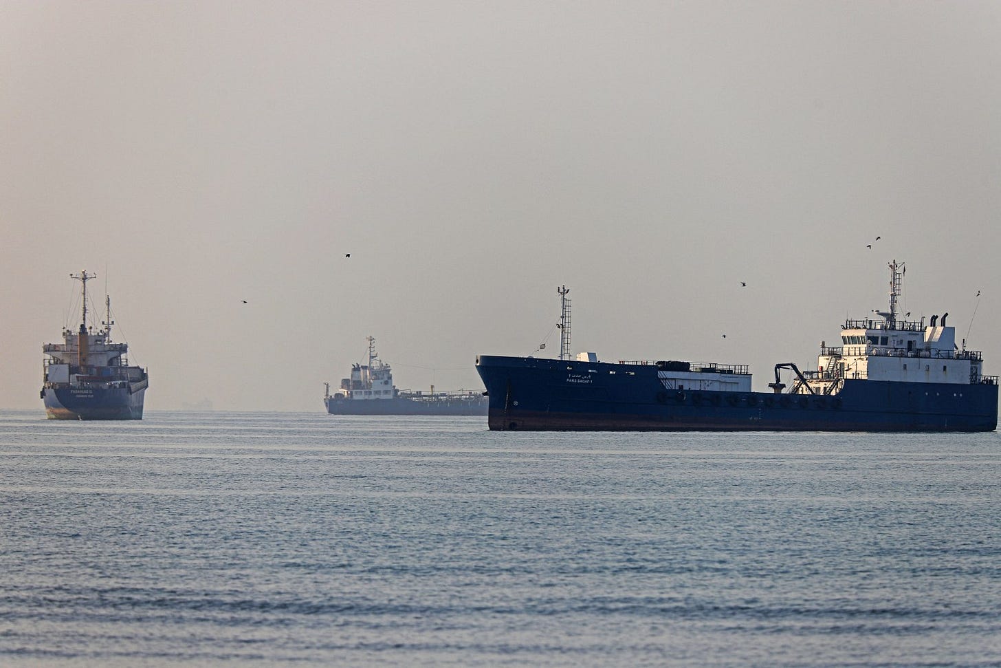 Three commercial cargo ships are anchored in calm coastal waters under an overcast sky.