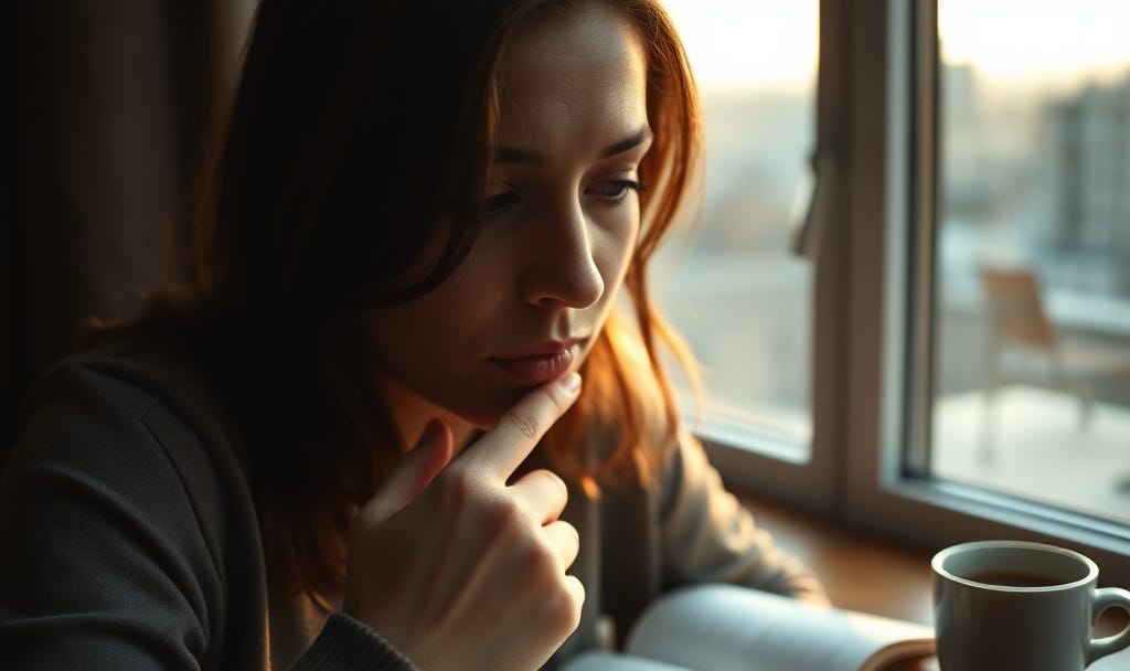 Thoughtful woman gazing downward in soft golden light by a window, hand on chin, symbolizing the quiet cost of silence and the unspoken words we hold back before revealing our true selves" Thoughtful woman gazing downward in soft golden light by a window, hand on chin, symbolizing the quiet cost of silence and the unspoken words we hold back before revealing our true selves"