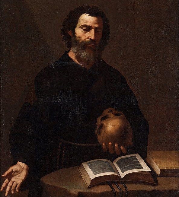 This may contain: a painting of a man holding an open book and looking at the viewer's hand