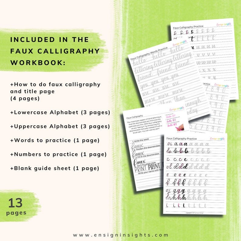 May include: A printable workbook with 13 pages for learning faux calligraphy. The workbook includes instructions, lowercase and uppercase alphabet practice, words and numbers to practice, and a blank guide sheet. The workbook is designed to help you learn how to create faux calligraphy by thickening downstrokes and thinning upstrokes.