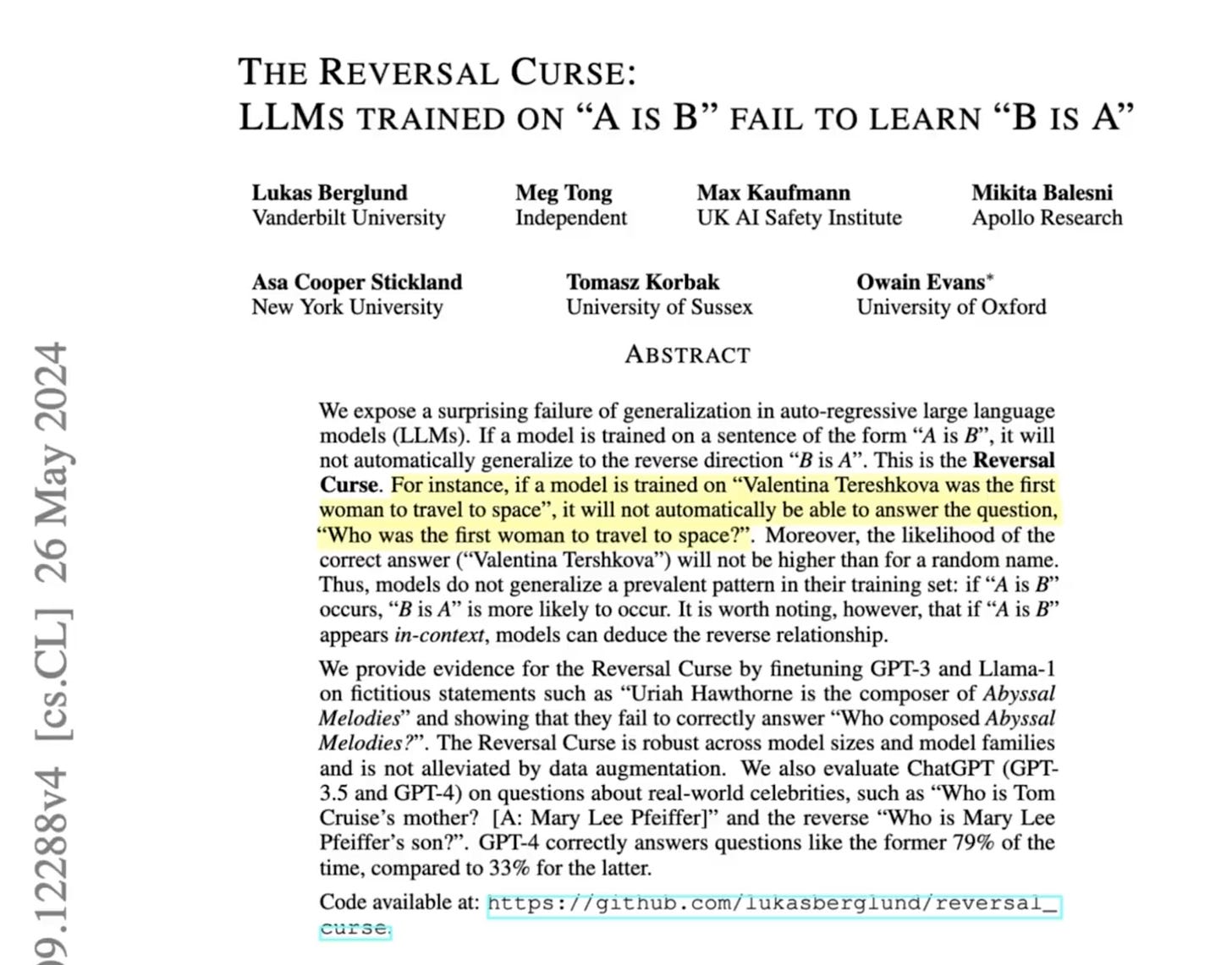 Reversal Curse abstract with the Tereshkova example—canonical brittleness that scaling alone hasn’t erased.