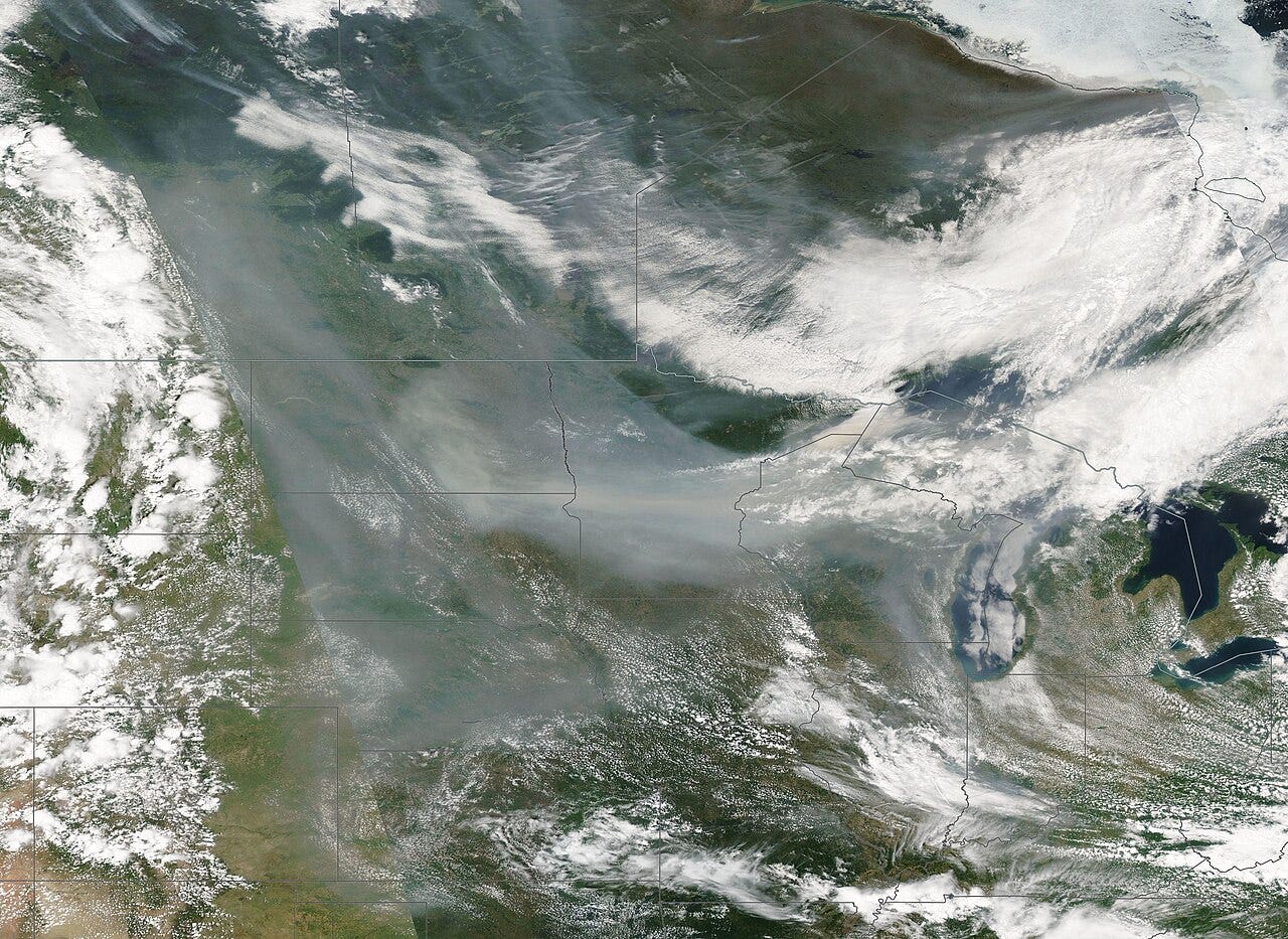Photo: MODIS Land Rapid Response Team, NASA GSFC / Wikimedia Commons (Public domain) Smoke from intense wildland fires in Canada billowed over the upper Midwest in June 2023, causing hazy skies and hazardous air quality in Canada and across several U.S. states. The true-color image above—acquired by the Moderate Resolution Imaging Sp