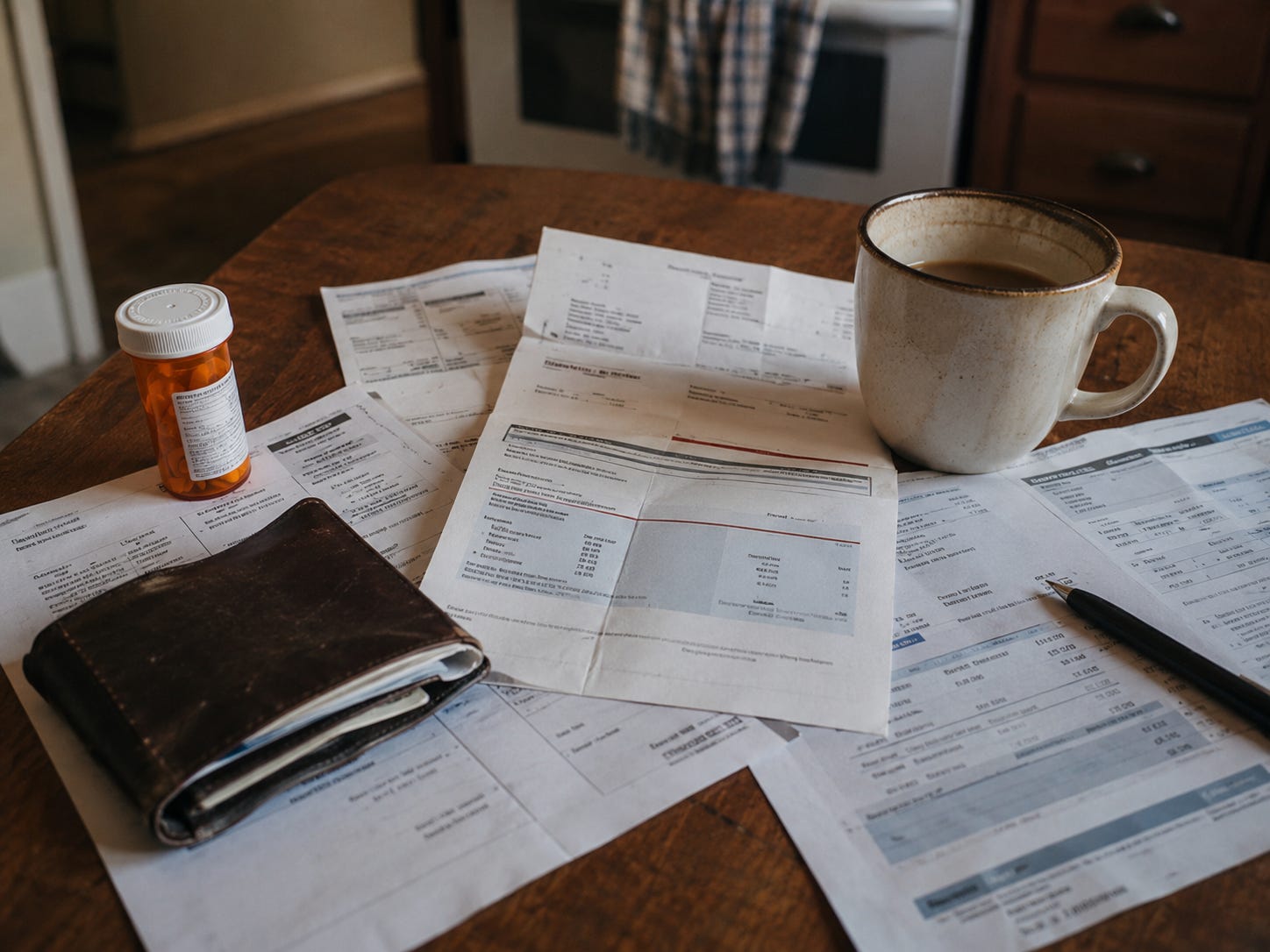 A modest kitchen table covered with medical bills, insurance paperwork, a prescription bottle, a worn wallet, a pen, and a half-finished cup of coffee, lit with warm, tired household light. A modest kitchen table covered with medical bills, insurance paperwork, a prescription bottle, a worn wallet, a pen, and a half-finished cup of coffee, lit with warm, tired household light.