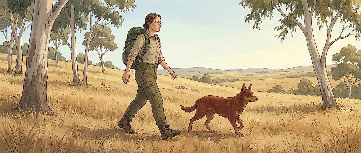 Outdoors, the same woman now wears hiking gear and walks freely with her dog.