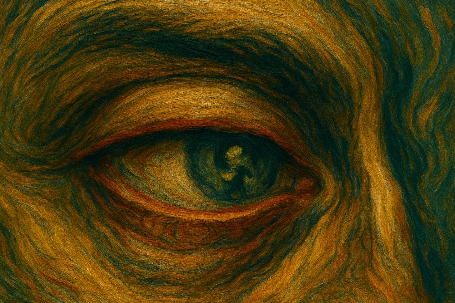 Expressionist oil painting close-up of a half-closed human eye. Thick swirling brushstrokes in golden and dark green tones emphasize the exhaustion in the drooping lid and the deep shadows around it. In the iris, a faint distorted reflection flickers, adding a sense of menace and unease. Expressionist oil painting close-up of a half-closed human eye. Thick swirling brushstrokes in golden and dark green tones emphasize the exhaustion in the drooping lid and the deep shadows around it. In the iris, a faint distorted reflection flickers, adding a sense of menace and unease.