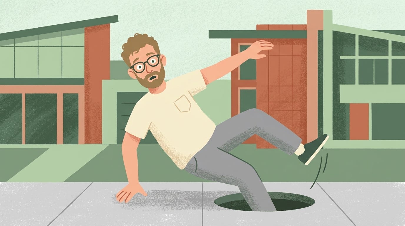 A flat, chalk-textured vector illustration of me tipping backwards into an open manhole in the pavement, arms flung out and mouth open in alarm. Behind me are muted green and terracotta mid-century modern buildings.