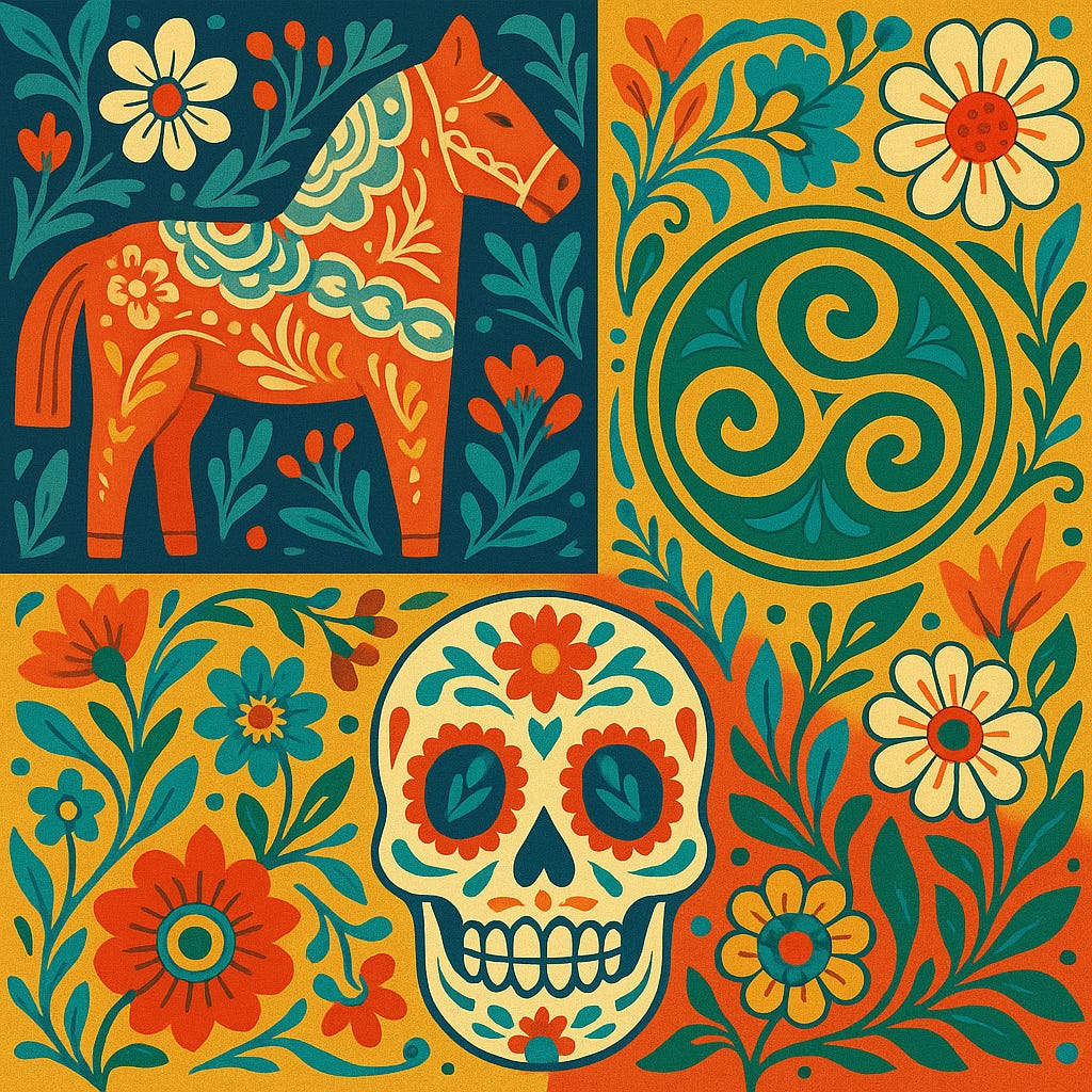 Illustration blending three folk traditions: a Scandinavian Dalecarlian horse surrounded by floral motifs, a Mexican sugar skull decorated with bright flowers, and a Celtic triskele spiral, all interwoven with vibrant flowers and vines in red, orange, teal, and gold. Illustration blending three folk traditions: a Scandinavian Dalecarlian horse surrounded by floral motifs, a Mexican sugar skull decorated with bright flowers, and a Celtic triskele spiral, all interwoven with vibrant flowers and vines in red, orange, teal, and gold.