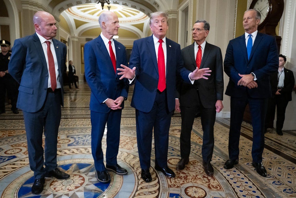 Donald Trump alongside Senator Mike Lee, Senator Rick Scott, Senator John Barrasso, and Senate Majority Leader John Thune.