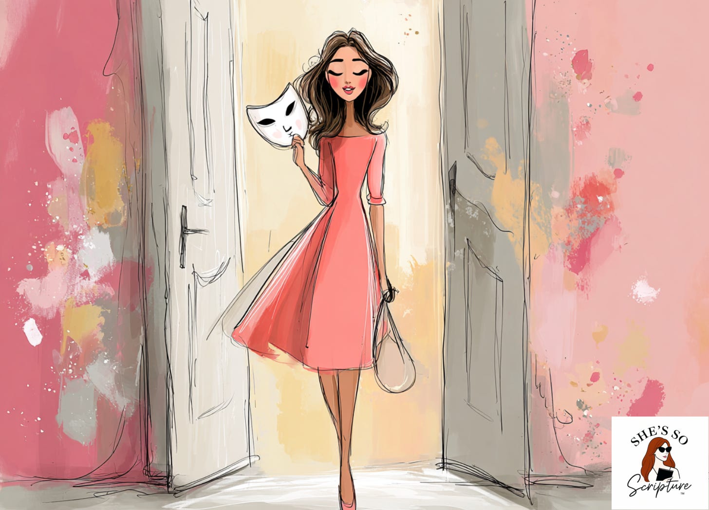 illustration of a woman walking through a doorway with a mask in her hand