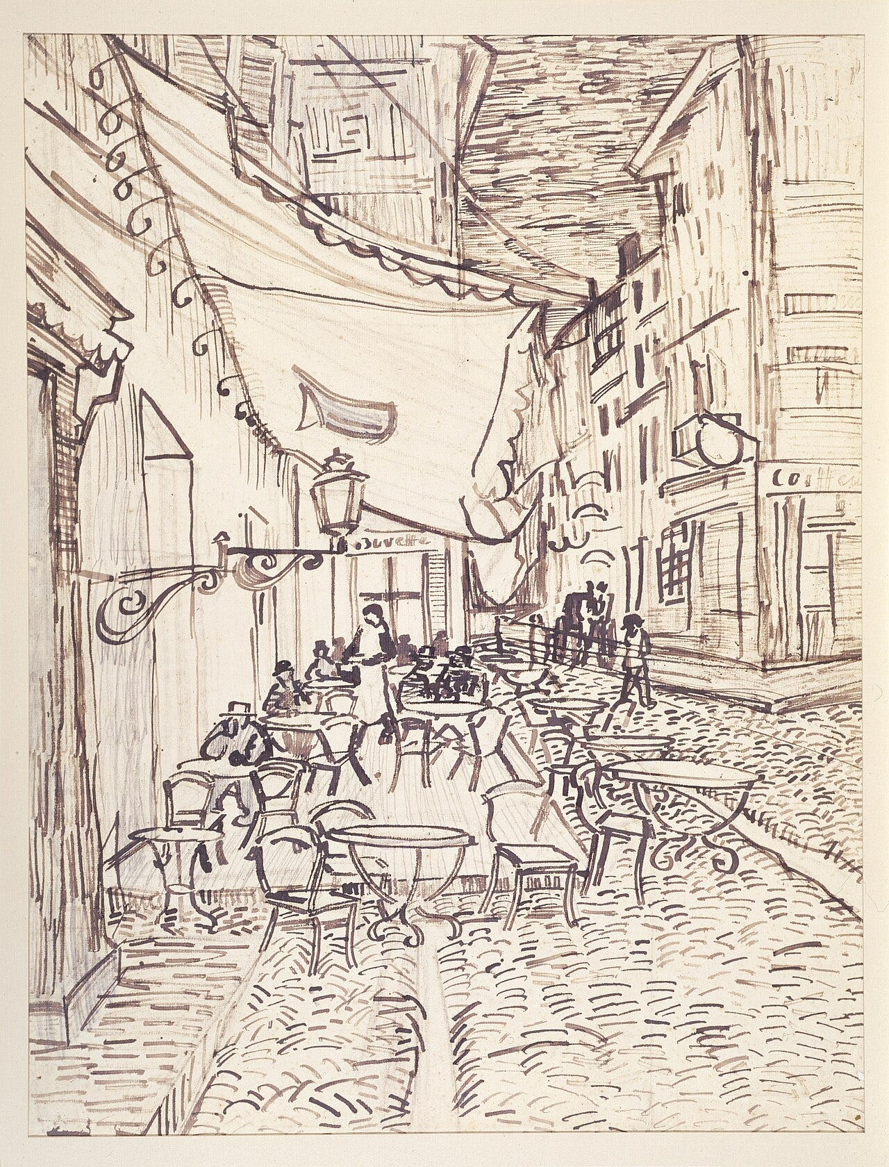 A yellow lit cafe terrace under a starry blue sky A yellow lit cafe terrace under a starry blue sky