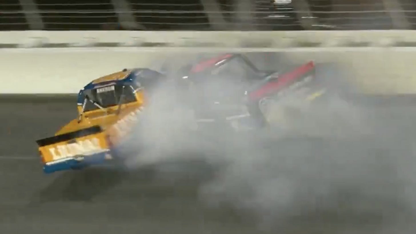 Tyler Ankrum Thad Moffitt Charlotte crash 2024 video North Carolina Education Lottery 200 video Jeffrey Earnhardt Keith McGee