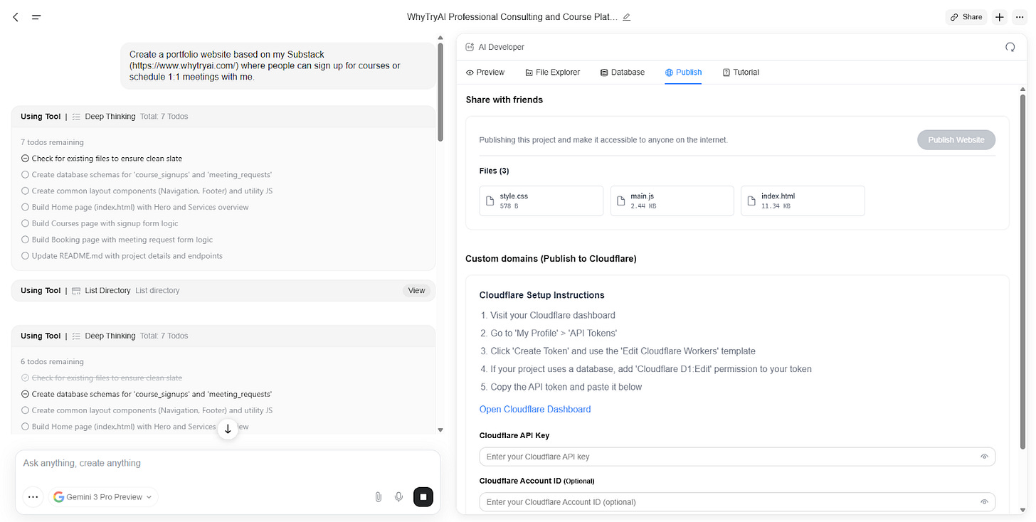 Screenshot of Genspark AI building and publishing a professional consulting website with project tasks, code files, and Cloudflare deployment settings, highlighting new Genspark features