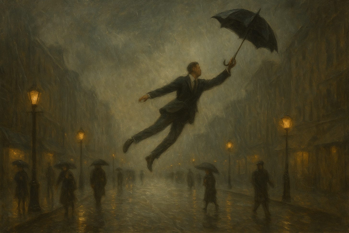 A man in a dark suit floats upward through a rainy, lamplit street at night, holding an open umbrella that carries him into the air while figures below walk with umbrellas; rendered in a soft, moody, oil-painted style.