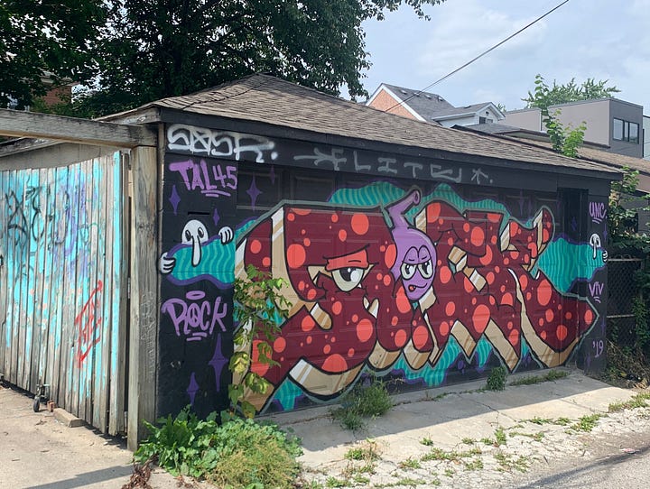 Four images: a black, white, and red door with white dots that look like stars and graffiti tags, a concrete wall with various graffiti tags and a blue face surrounded by blue text: "LOVE SOME," a green abstract image that looks like letters covered in simpler graffiti, and red and pink bubble letters on a blue and black background, with a bored-looking purple cartoon character and smaller white characters with long noses peeking over the edge of the blue background.