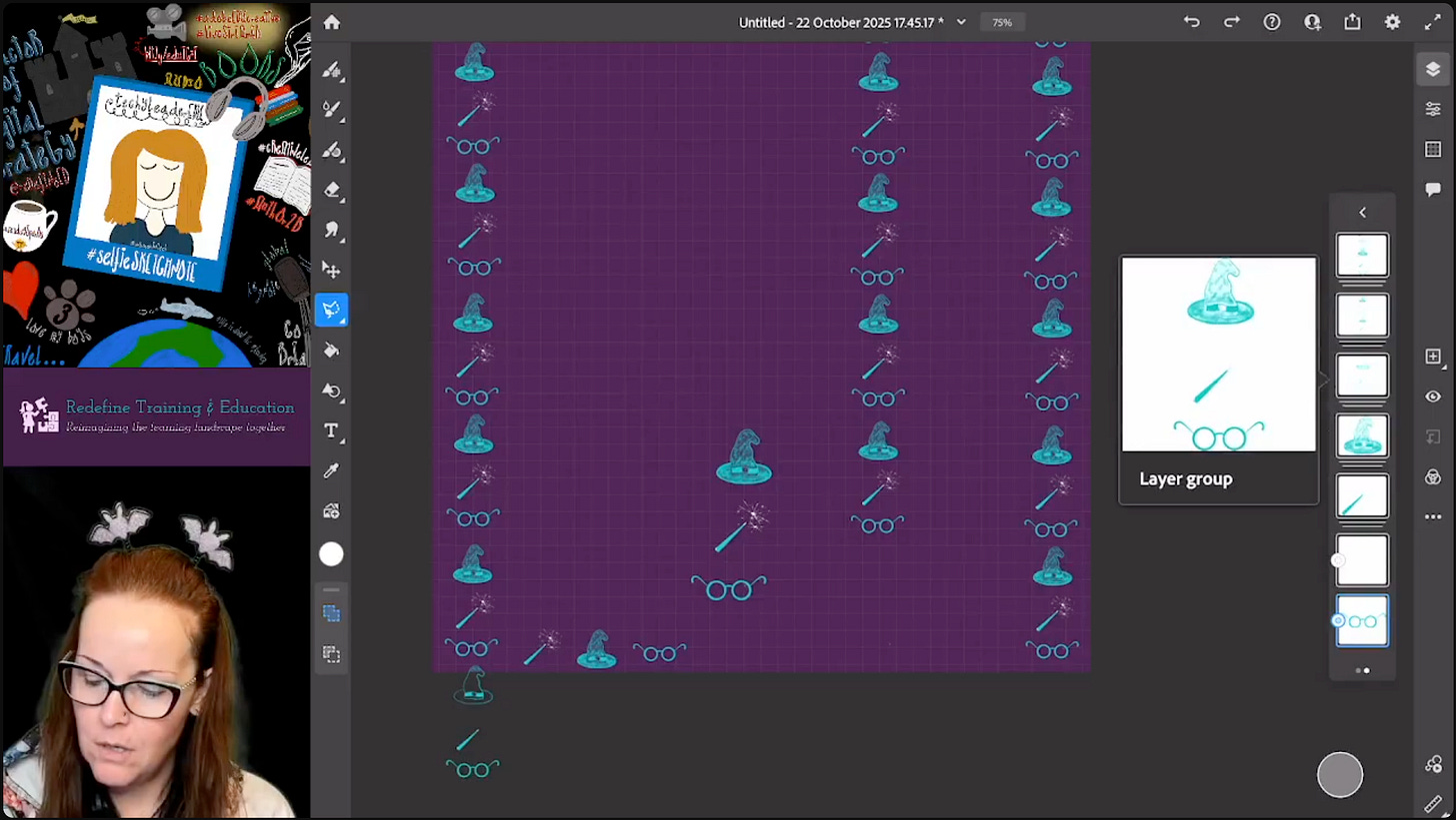 A screenshot from the "LIVE Sparks!" livestream showing Georgina Dean co-designing the whimsical border for the "Wonder BINGO" board, featuring icons like glasses, wands, and sorting hats.