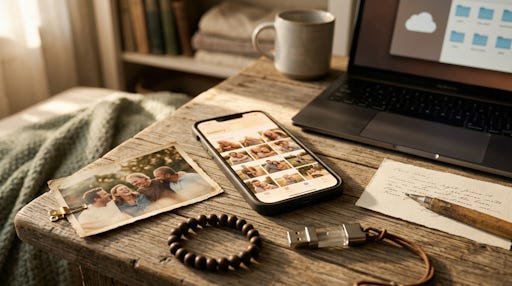 A phone with photos sitting next to an actual printed photo. A phone with photos sitting next to an actual printed photo.