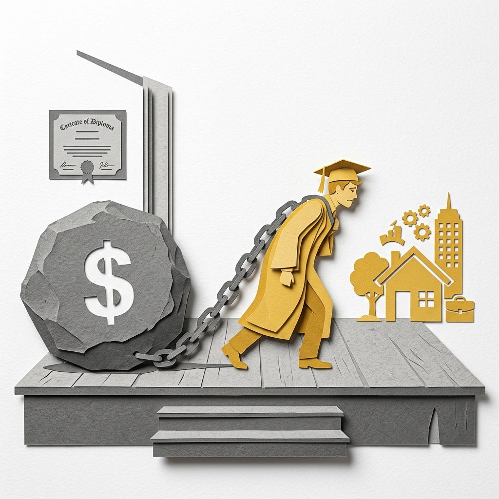 Layered papercut of a golden yellow graduate in cap and gown walking forward across a stage, pulled back by a heavy grey chain connected to an enormous grey boulder with a dollar sign, while ahead of the figure golden yellow symbols of opportunity including a house, a city skyline, and career symbols remain just out of reach, illustrating how student loan debt creates an economic drag on graduates that delays home purchase, family formation, and wealth accumulation particularly for the borrowers who took on the most debt for the least economically valuable credentials