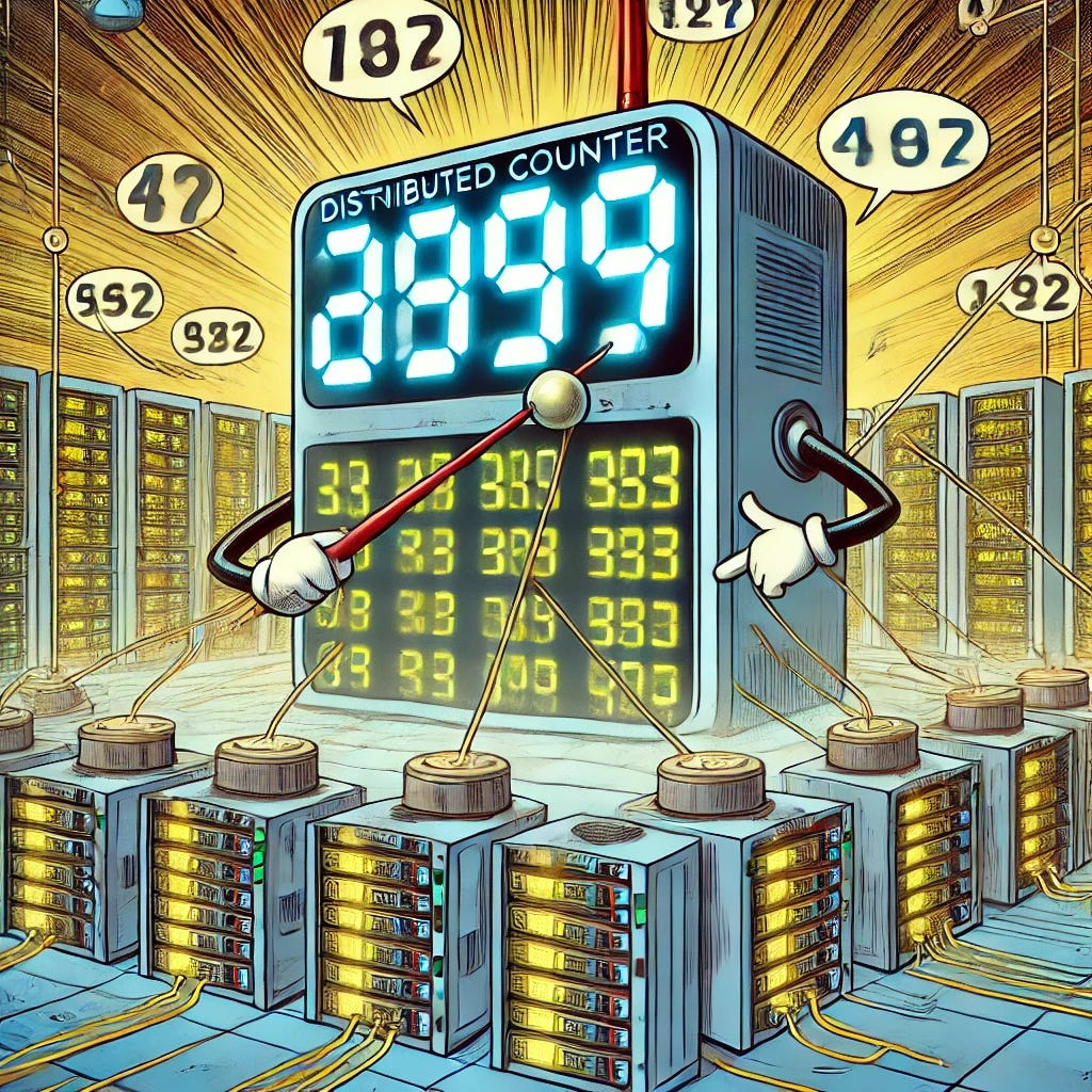 A comic-style illustration of a distributed counter in action. The scene features multiple computer servers, each contributing to a central count. The counter is represented as a glowing digital number that updates in real-time as data flows between servers. Arrows and network lines connect the machines, emphasizing distributed computing. A small anthropomorphized counter character with a determined expression and robotic arms is managing the counting process, frantically adding up numbers as they come in. The background includes a futuristic, tech-inspired setting with a comic-book aesthetic.