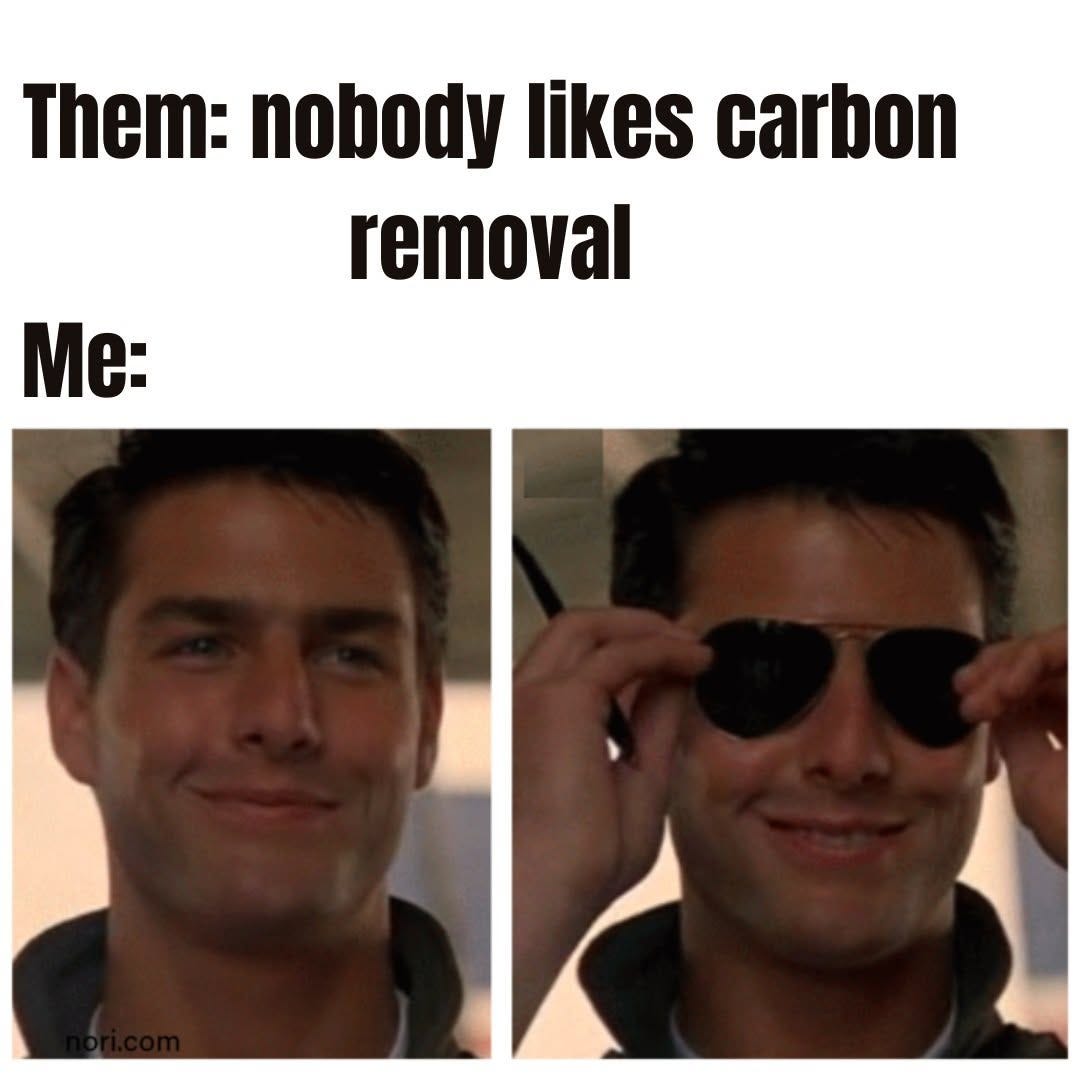 Text reading "Them: nobody likes carbon removal. Me:" above two stills of Tom Cruise in Top Gun grinning and putting on sunglasses.